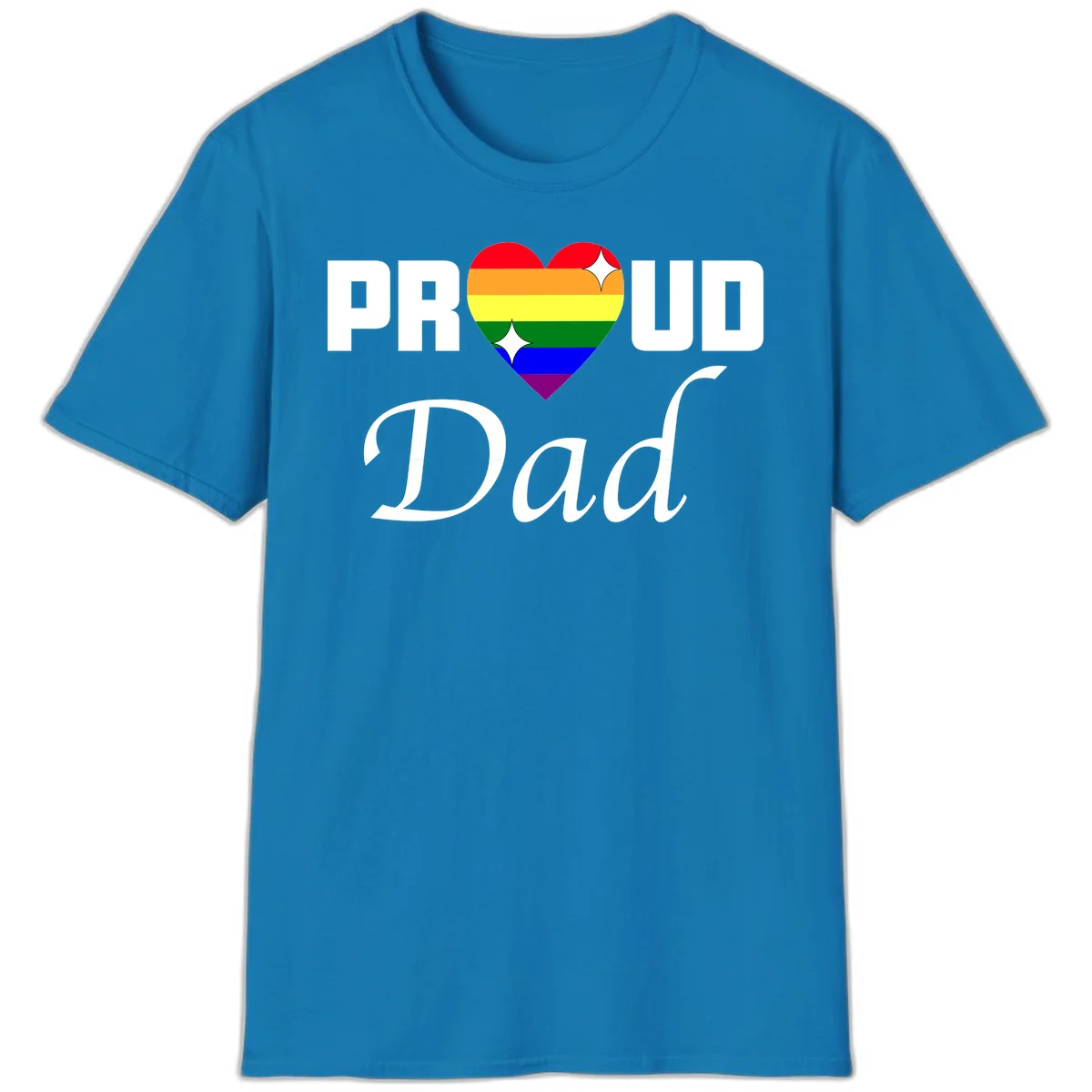 Proud Dad rainbow heart design with vibrant pride flag colors in heart shape and white text in Sapphire
