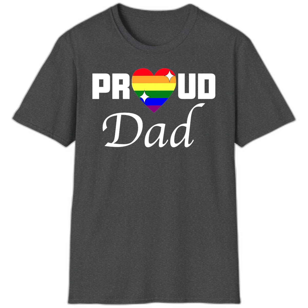Proud Dad rainbow heart design with vibrant pride flag colors in heart shape and white text in Dark Heather