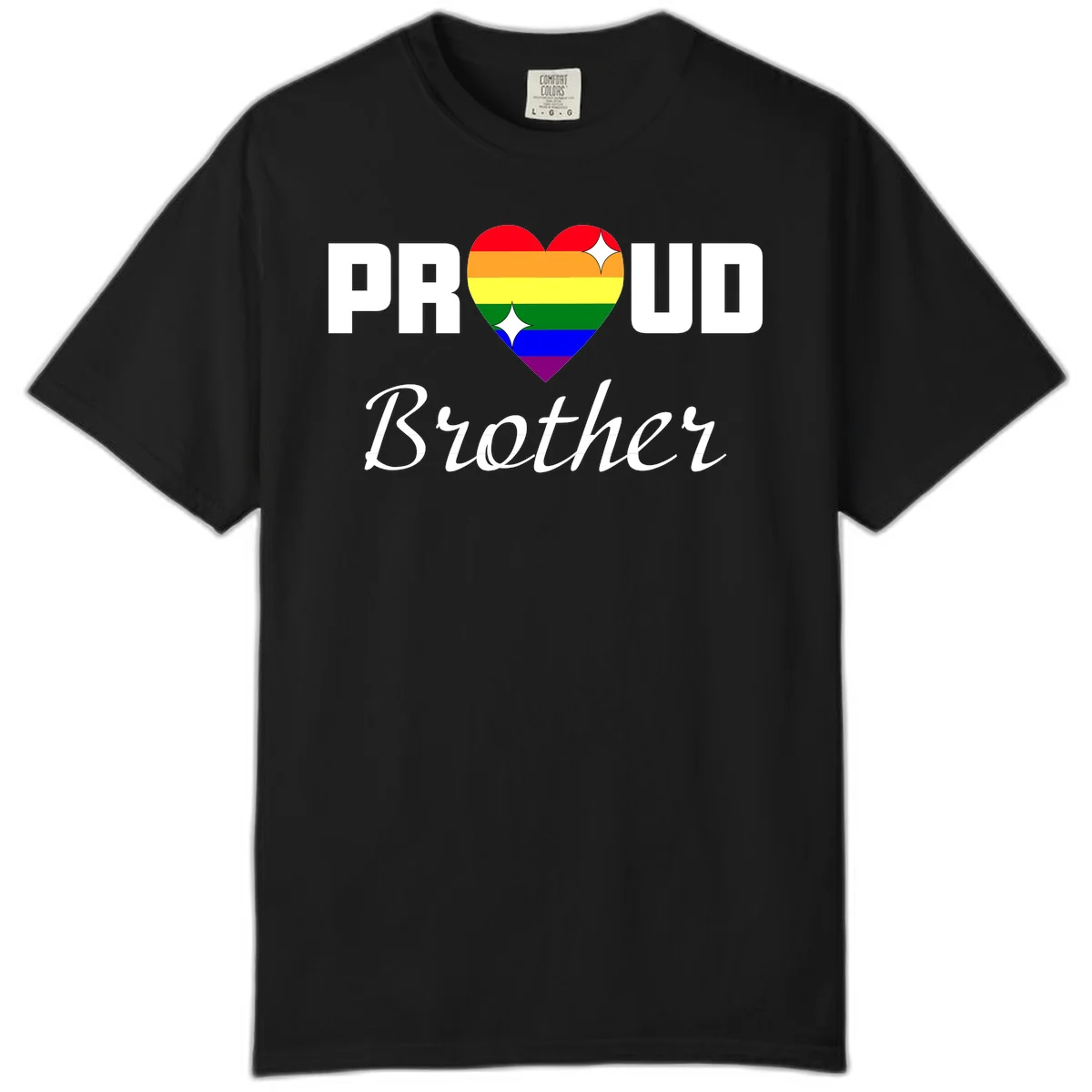 Proud Brother pride design with rainbow heart and white sparkles on gray background in Black