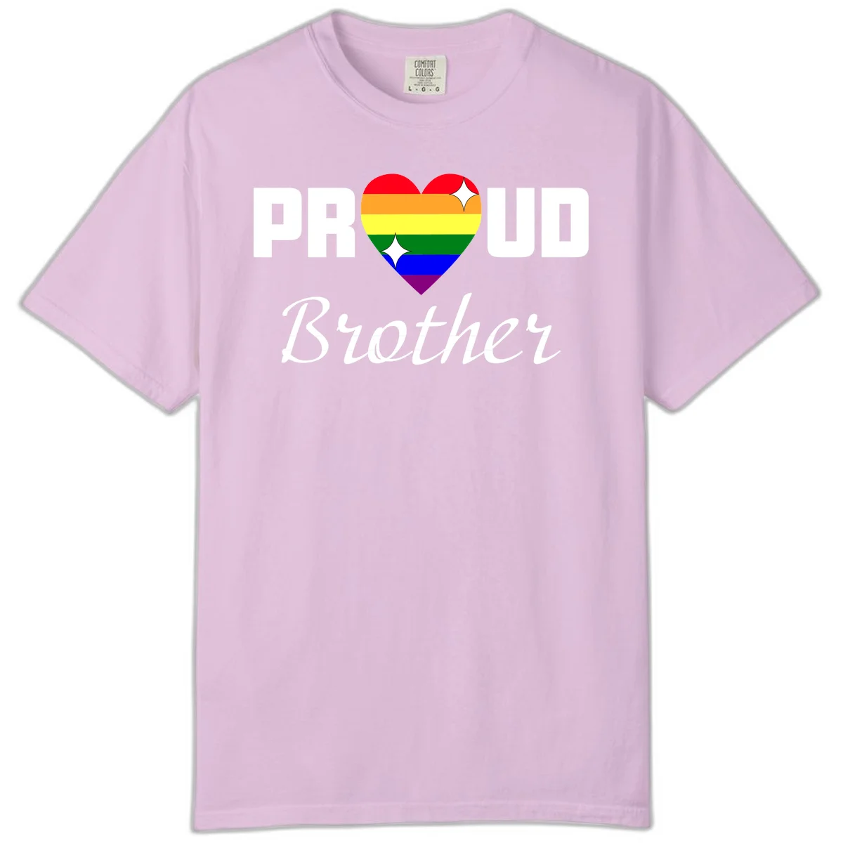 Proud Brother pride design with rainbow heart and white sparkles on gray background in Orchid