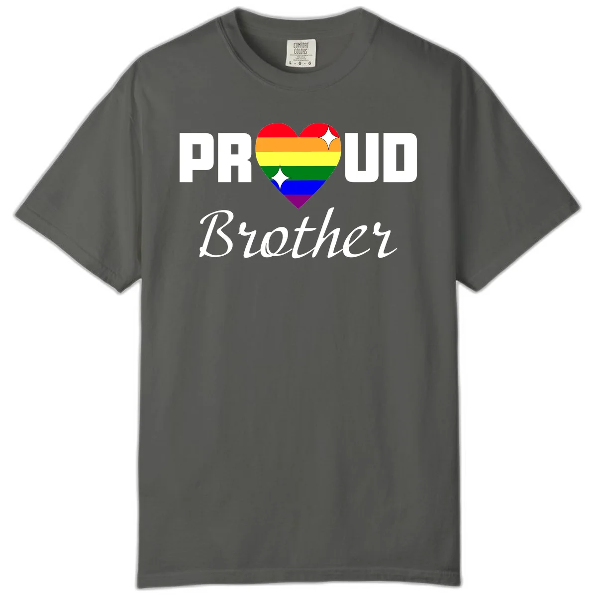 Proud Brother pride design with rainbow heart and white sparkles on gray background in Pepper