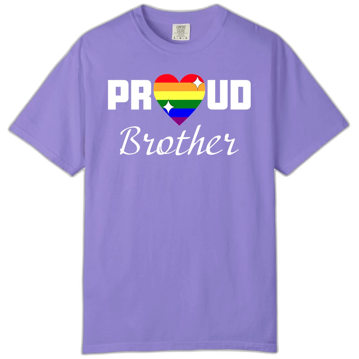 Proud Brother pride design with rainbow heart and white sparkles on gray background in Violet