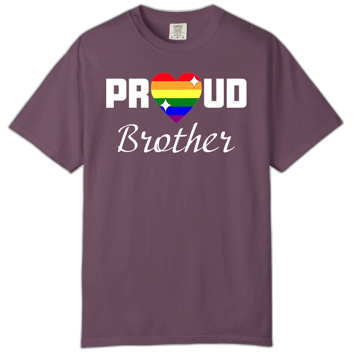 Proud Brother pride design with rainbow heart and white sparkles on gray background in Berry