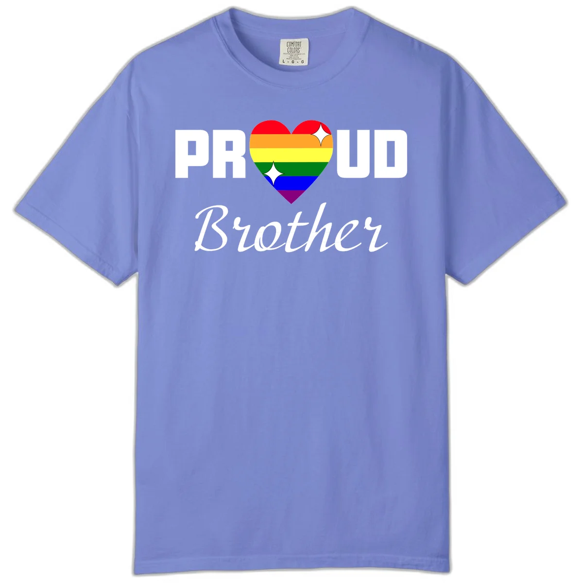 Proud Brother pride design with rainbow heart and white sparkles on gray background in Flo Blue
