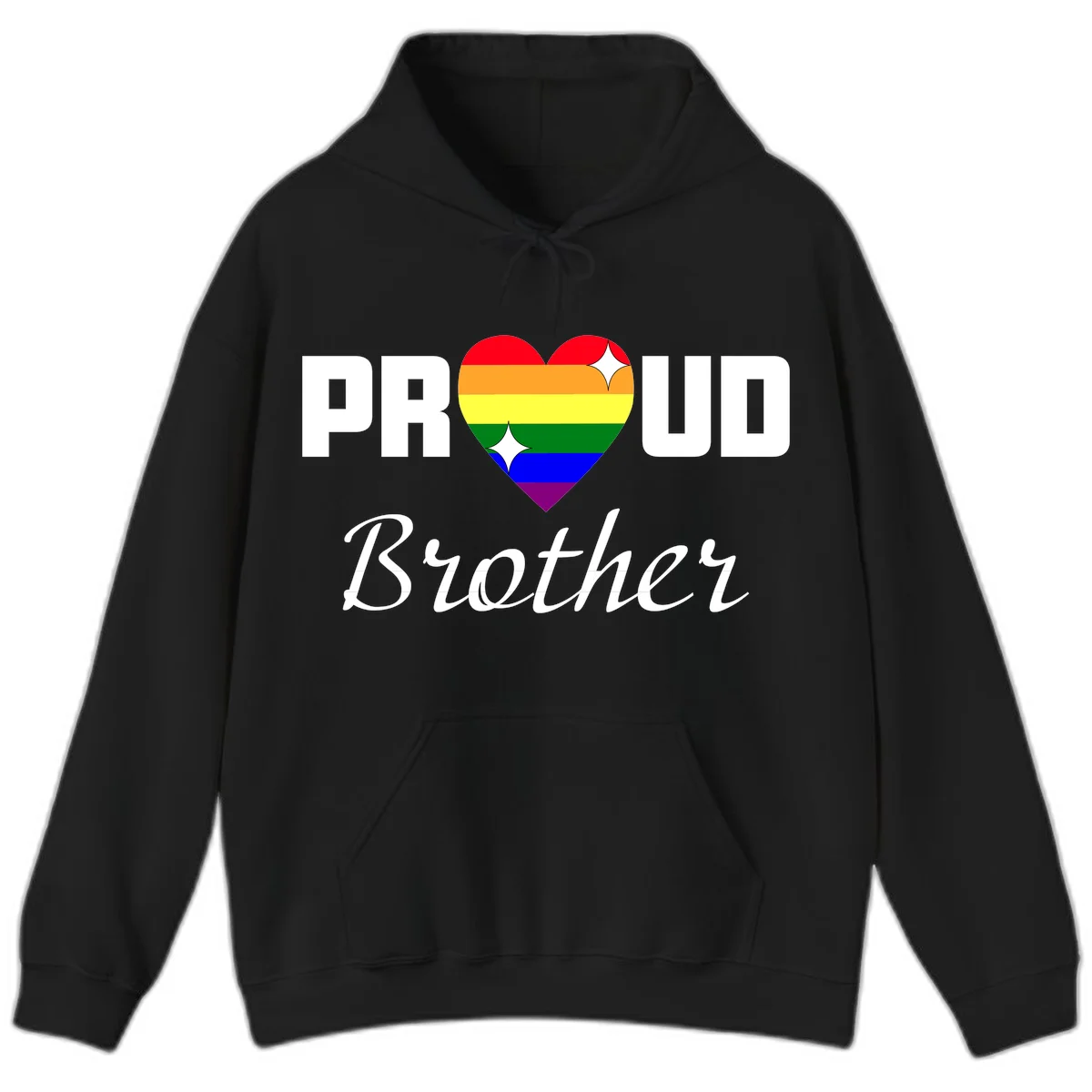 Proud Brother pride design with rainbow heart and white sparkles on gray background in Black
