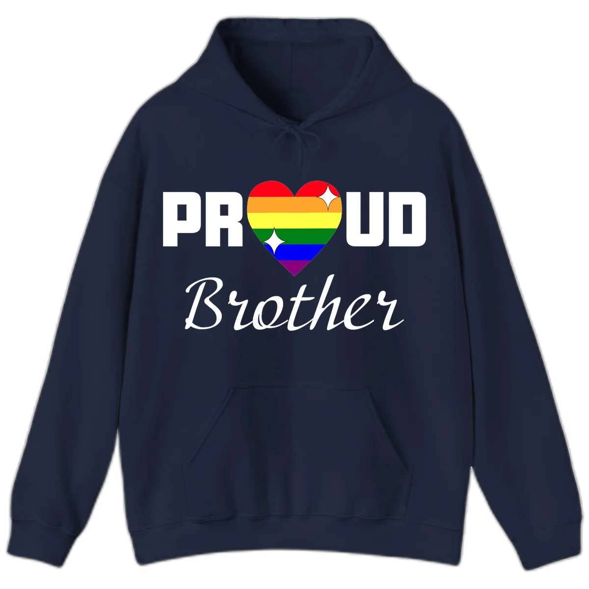 Proud Brother pride design with rainbow heart and white sparkles on gray background in Navy