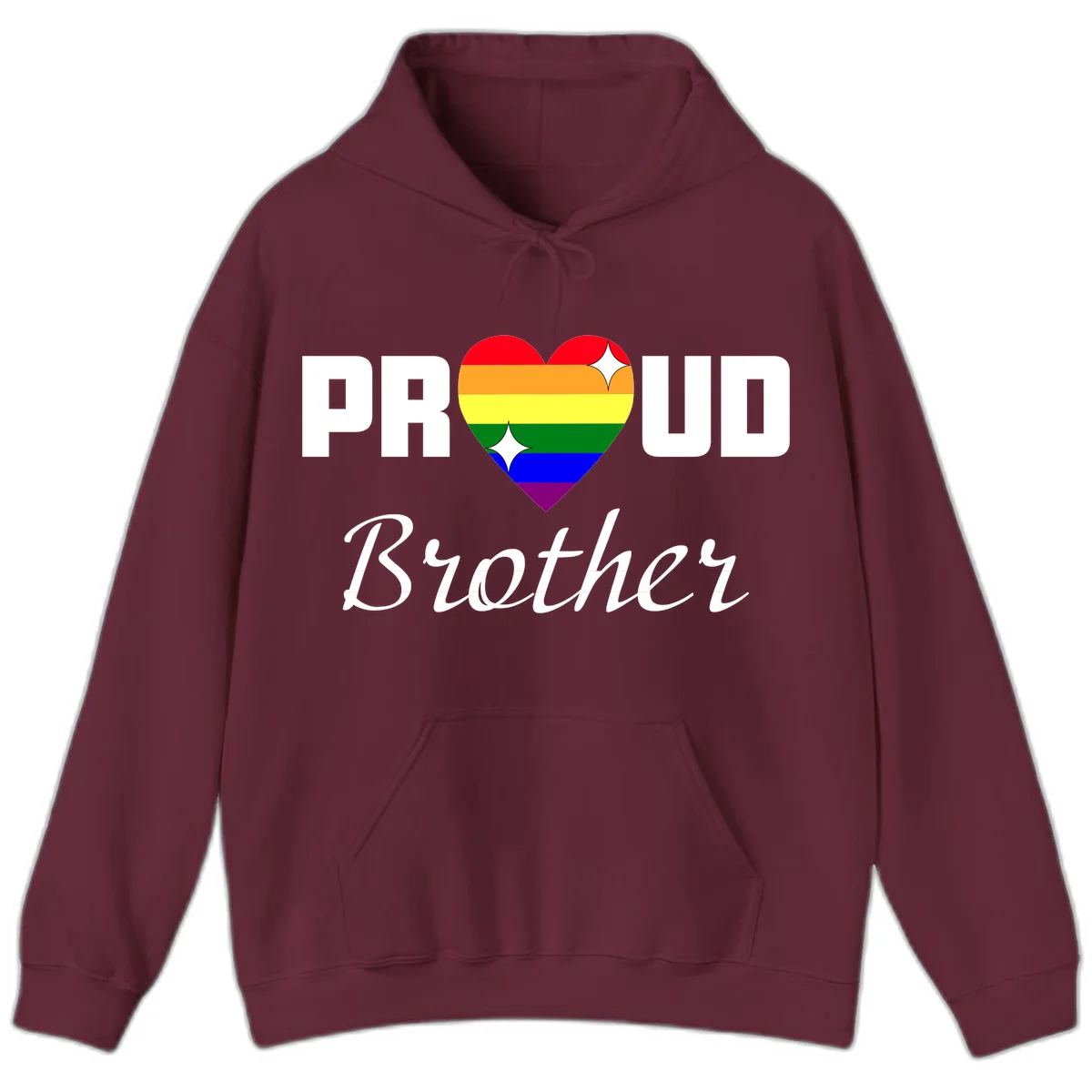 Proud Brother pride design with rainbow heart and white sparkles on gray background in Maroon