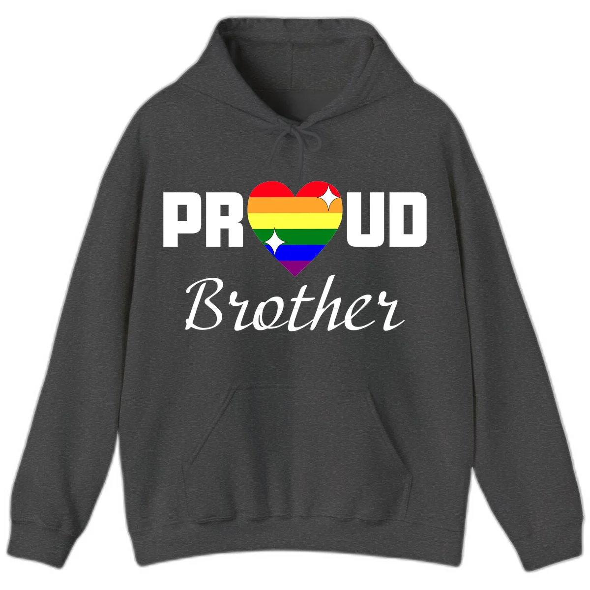 Proud Brother pride design with rainbow heart and white sparkles on gray background in Dark Heather
