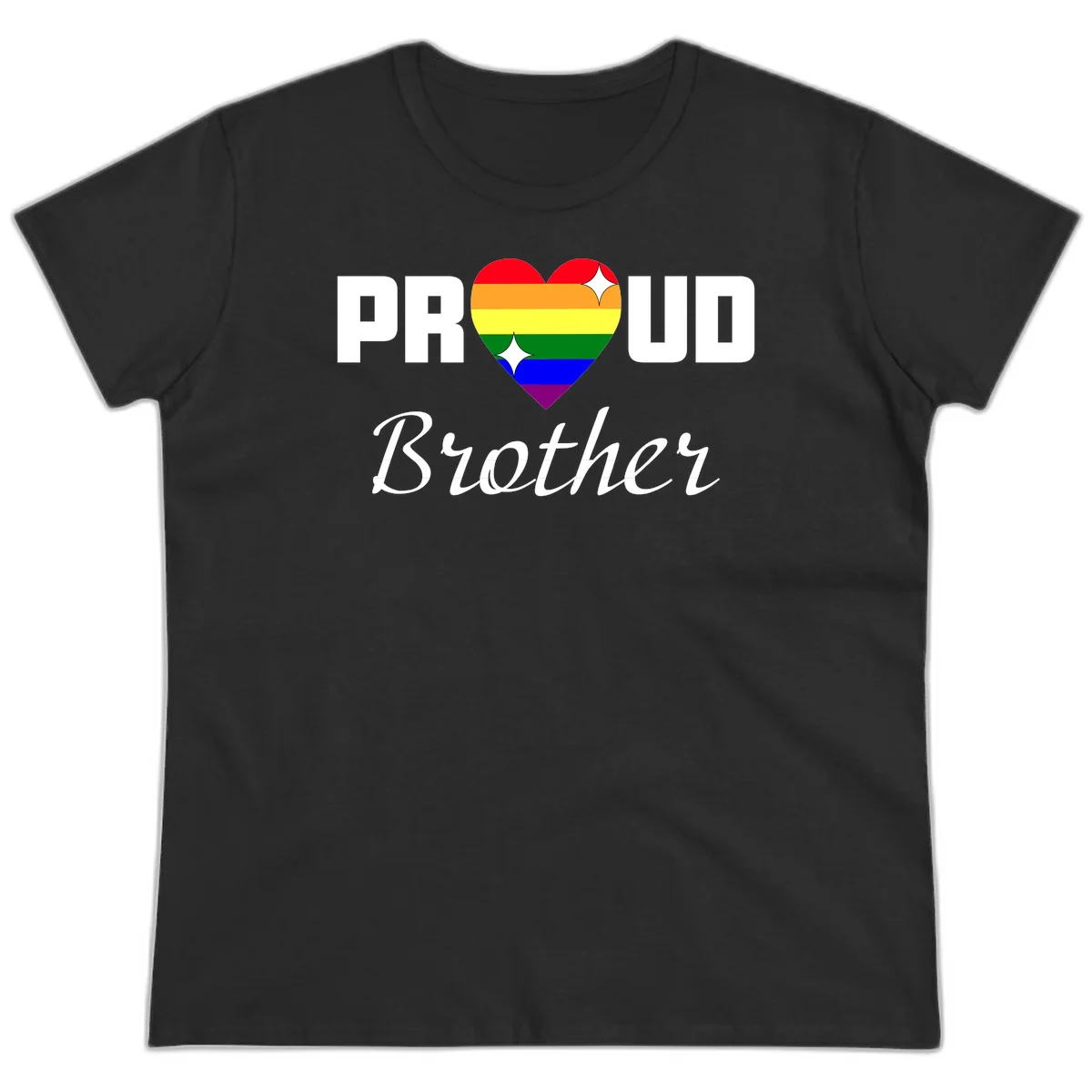 Proud Brother pride design with rainbow heart and white sparkles on gray background in Black