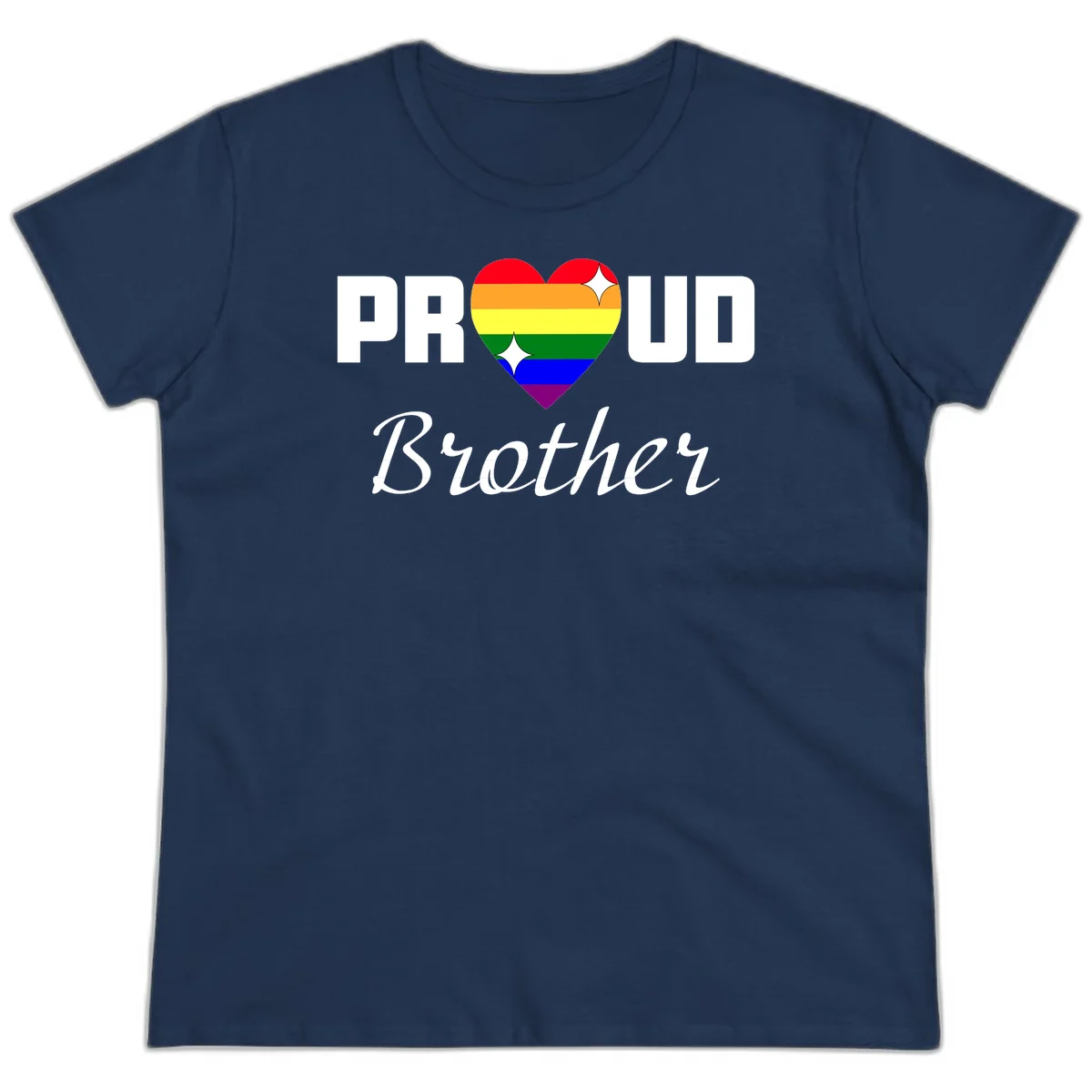 Proud Brother pride design with rainbow heart and white sparkles on gray background in Navy