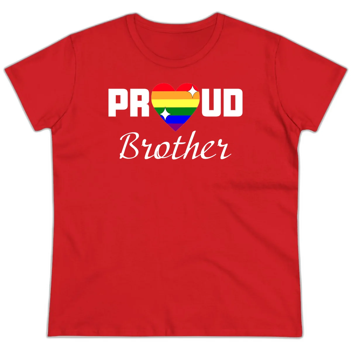 Proud Brother pride design with rainbow heart and white sparkles on gray background in Red