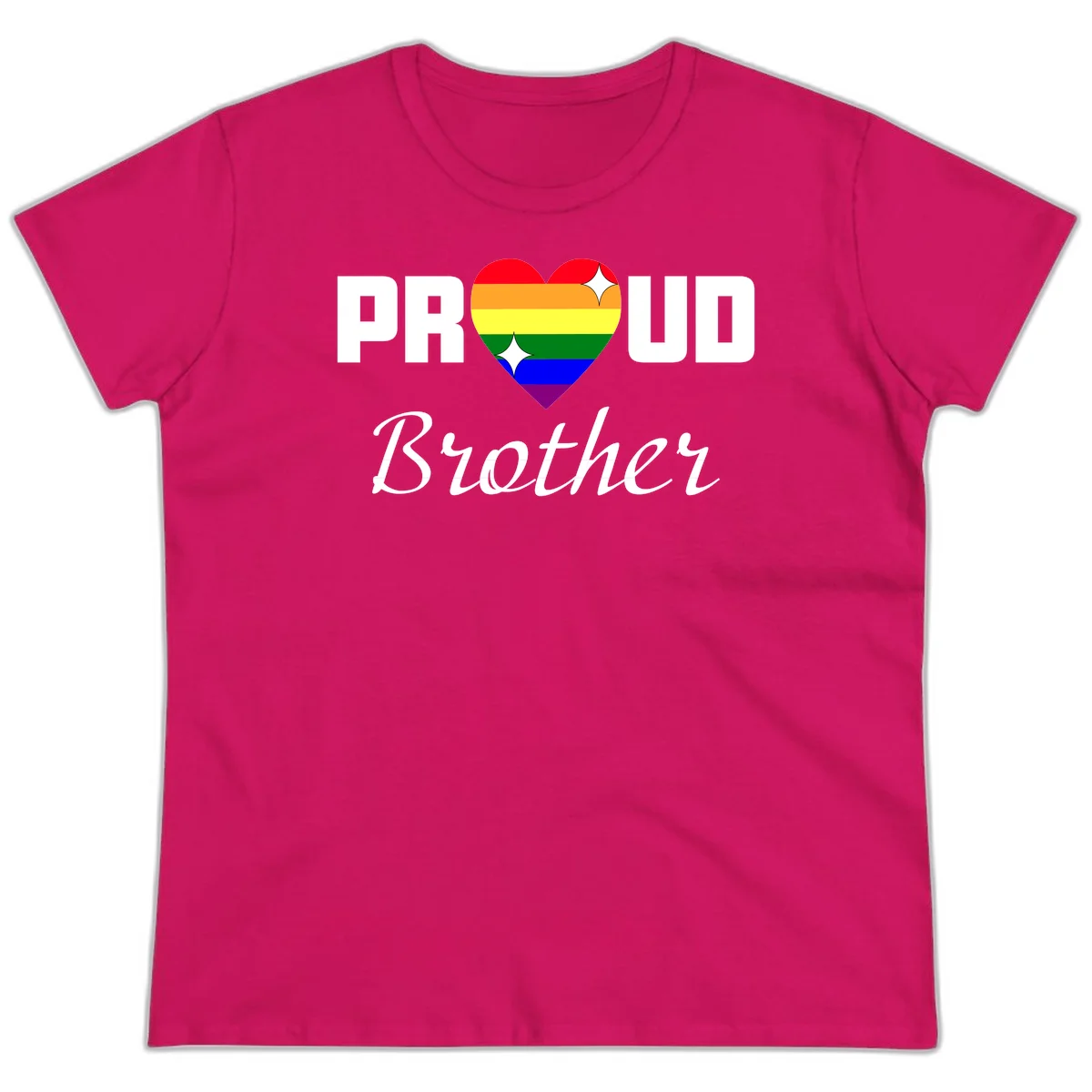Proud Brother pride design with rainbow heart and white sparkles on gray background in Heliconia