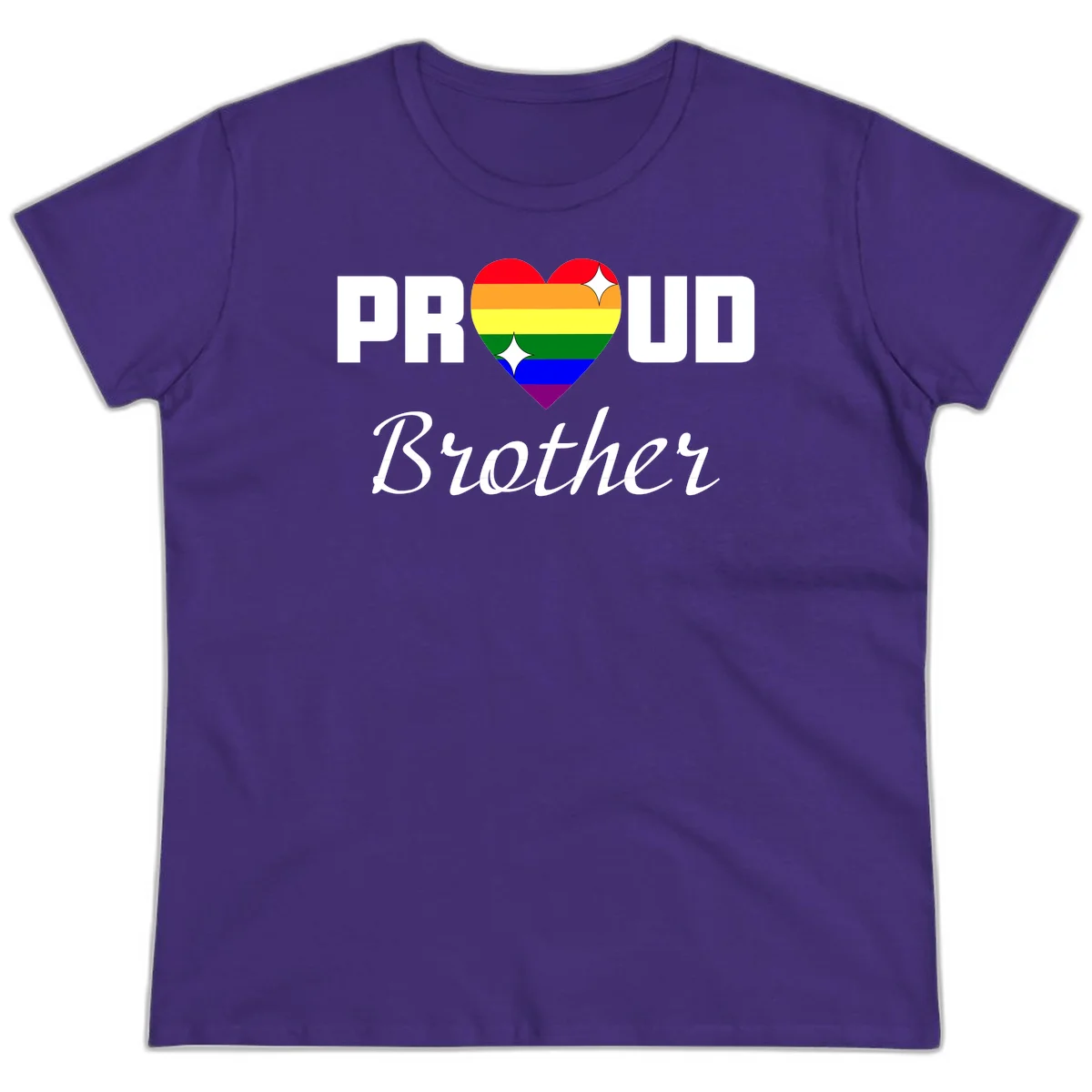 Proud Brother pride design with rainbow heart and white sparkles on gray background in Purple