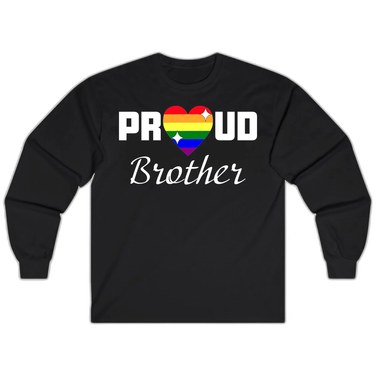 Proud Brother pride design with rainbow heart and white sparkles on gray background in Black