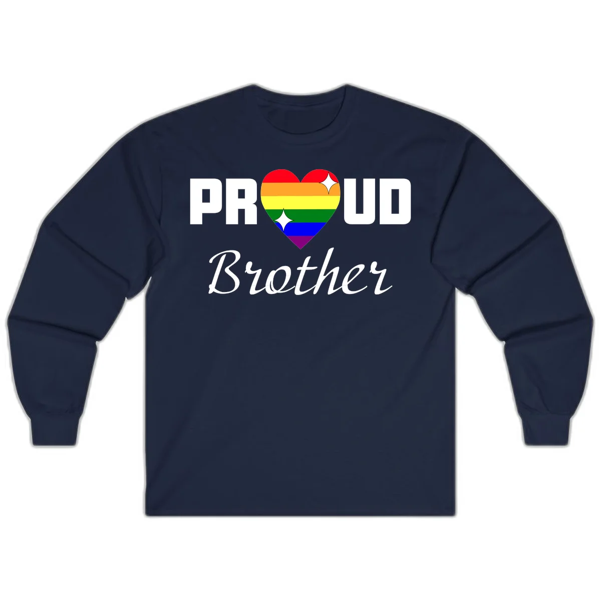 Proud Brother pride design with rainbow heart and white sparkles on gray background in Navy