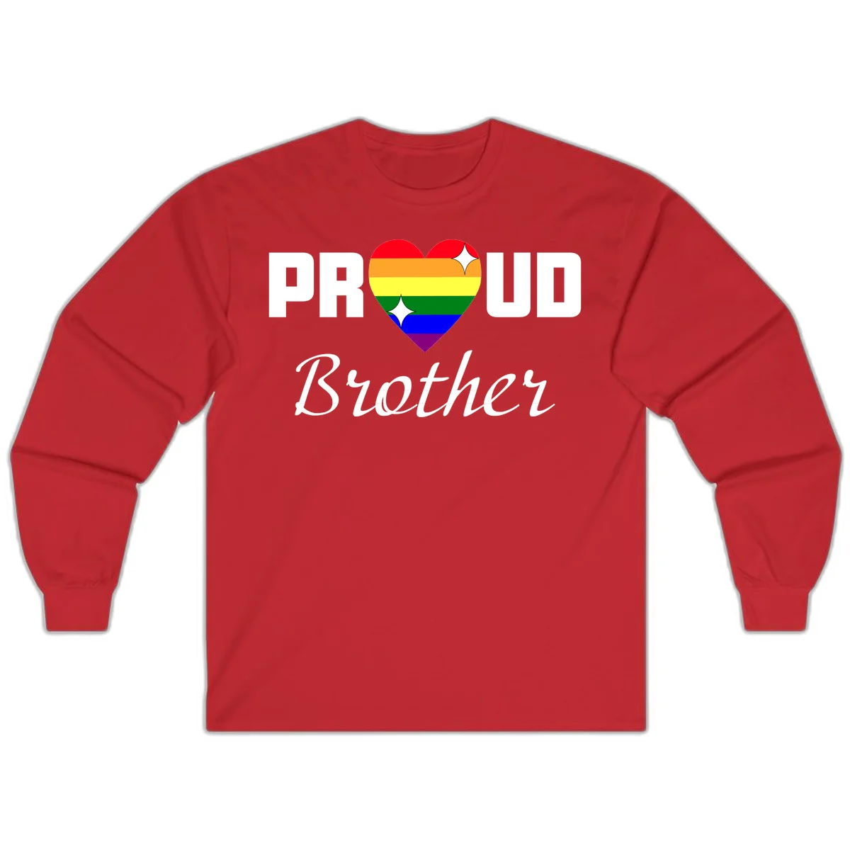 Proud Brother pride design with rainbow heart and white sparkles on gray background in Red