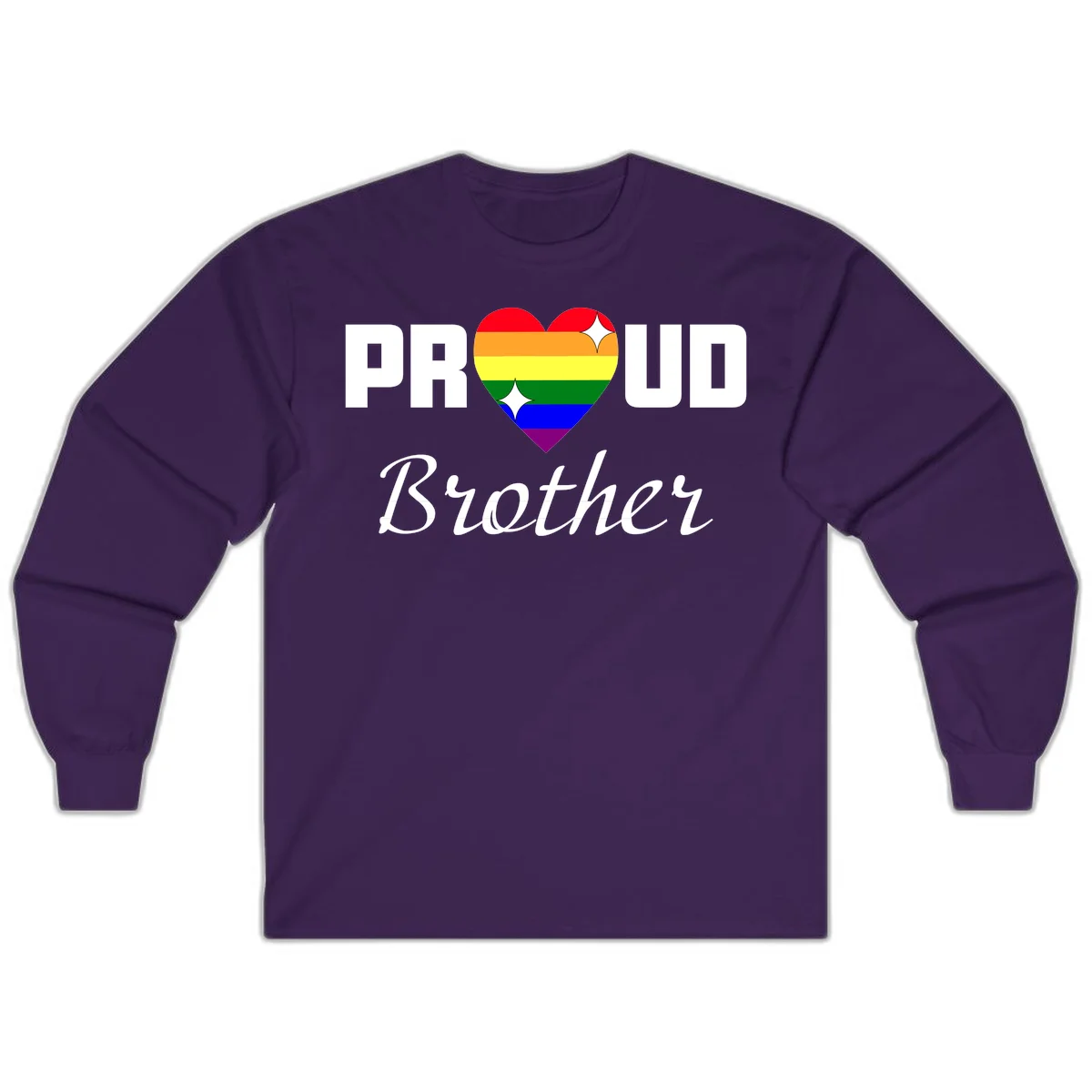 Proud Brother pride design with rainbow heart and white sparkles on gray background in Purple