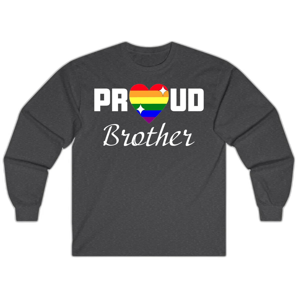 Proud Brother pride design with rainbow heart and white sparkles on gray background in Dark Heather