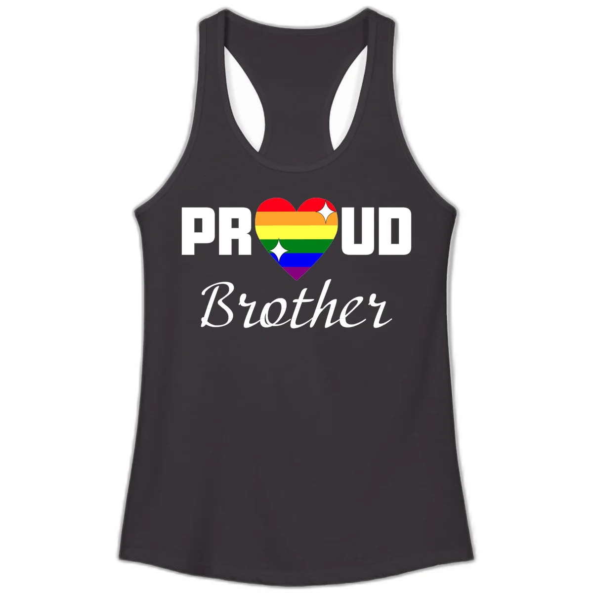Proud Brother pride design with rainbow heart and white sparkles on gray background in Black
