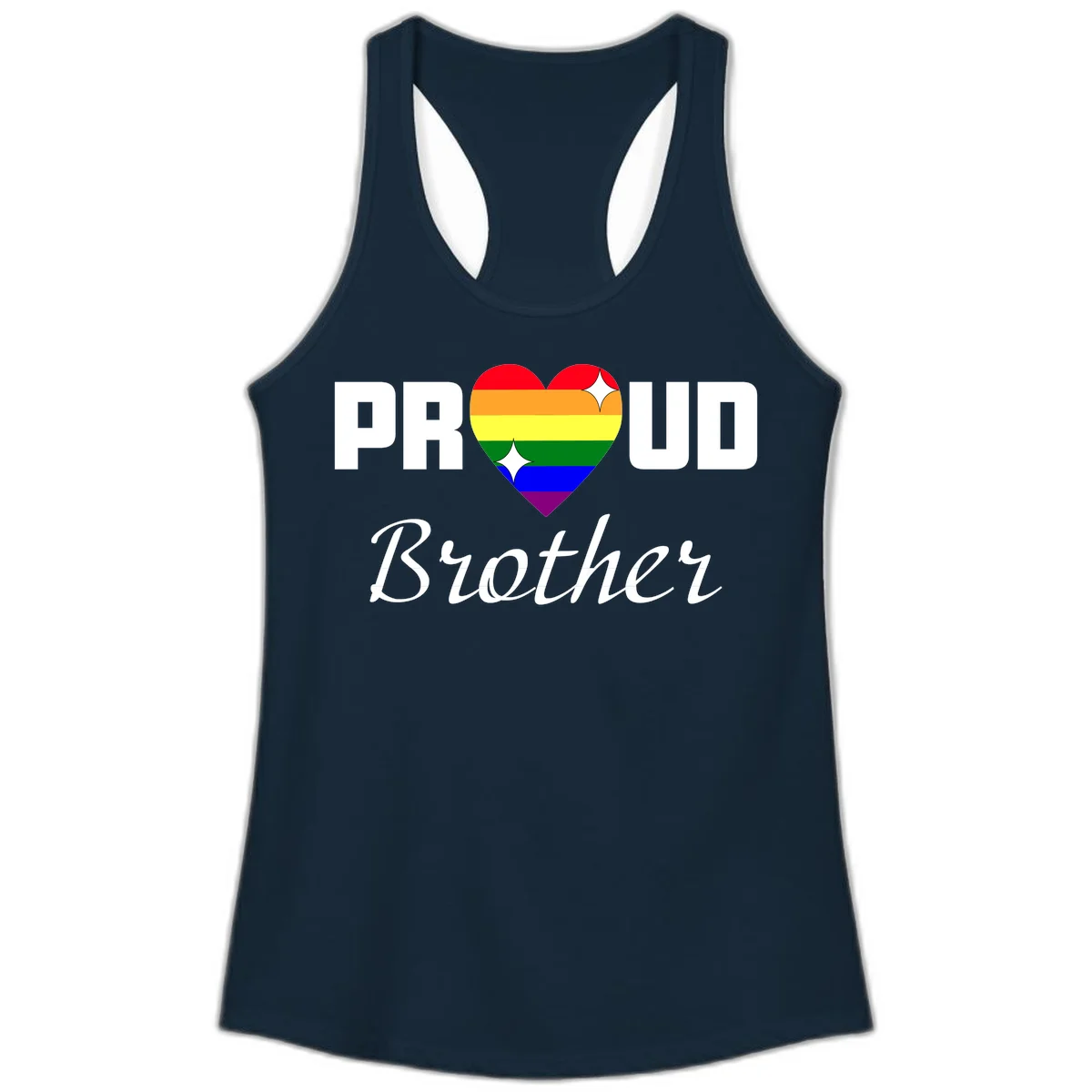 Proud Brother pride design with rainbow heart and white sparkles on gray background in Solid Midnight Navy