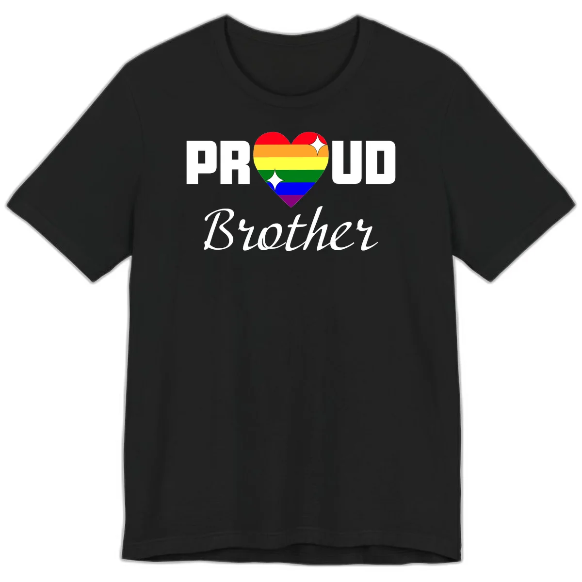 Proud Brother pride design with rainbow heart and white sparkles on gray background in Black