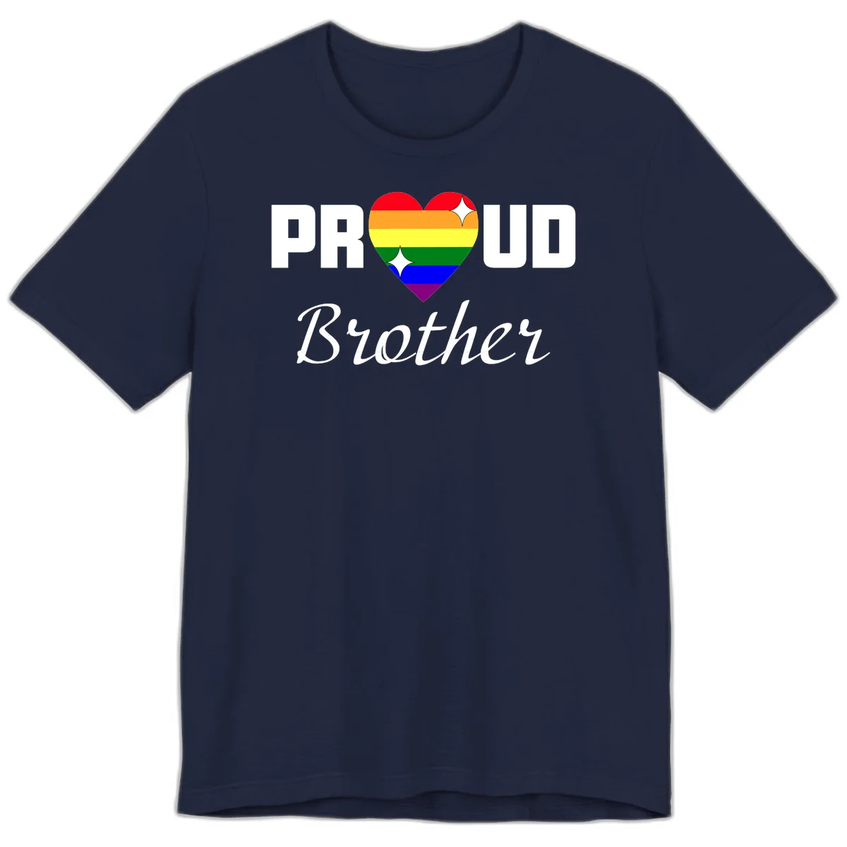 Proud Brother pride design with rainbow heart and white sparkles on gray background in Navy