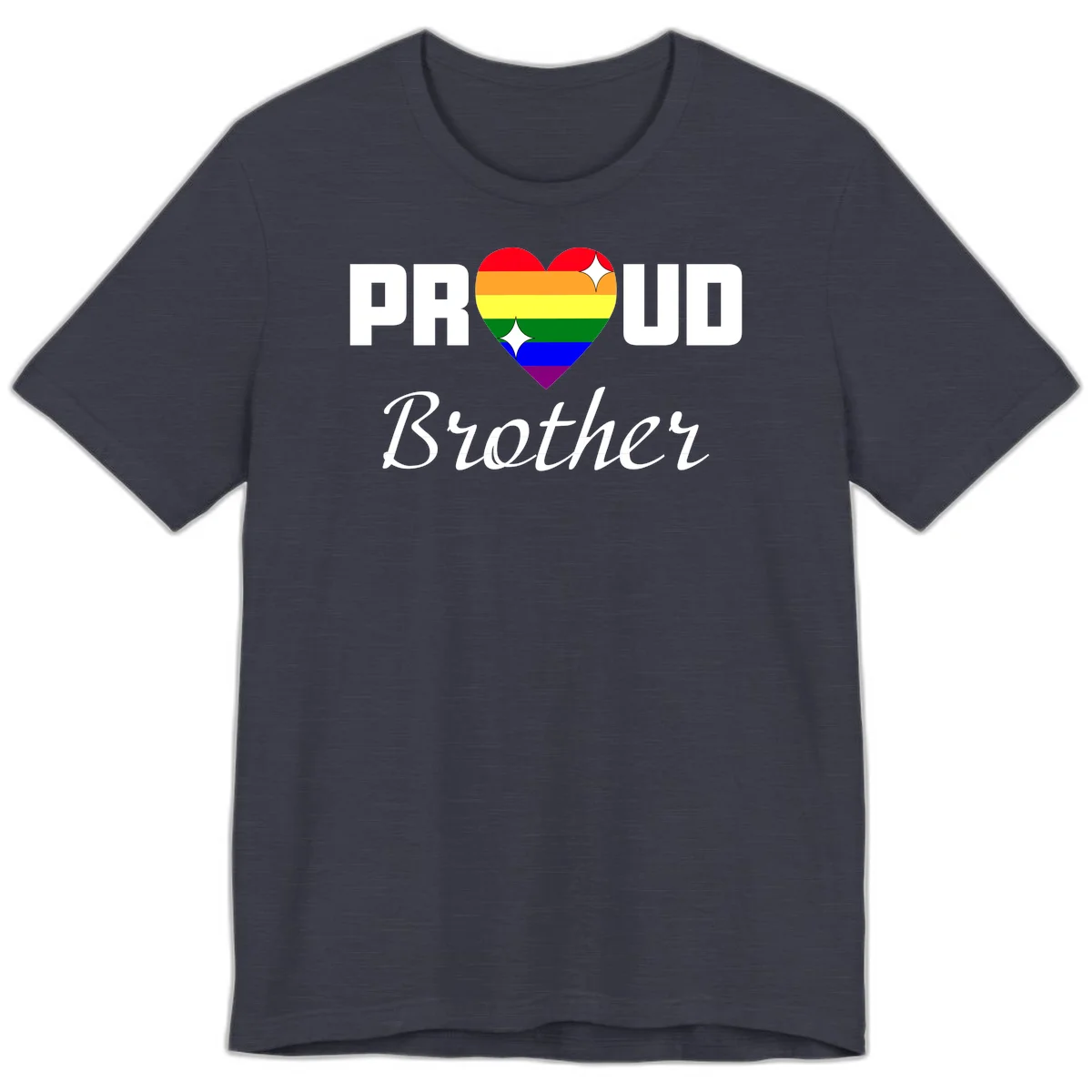 Proud Brother pride design with rainbow heart and white sparkles on gray background in Heather Midnight Navy