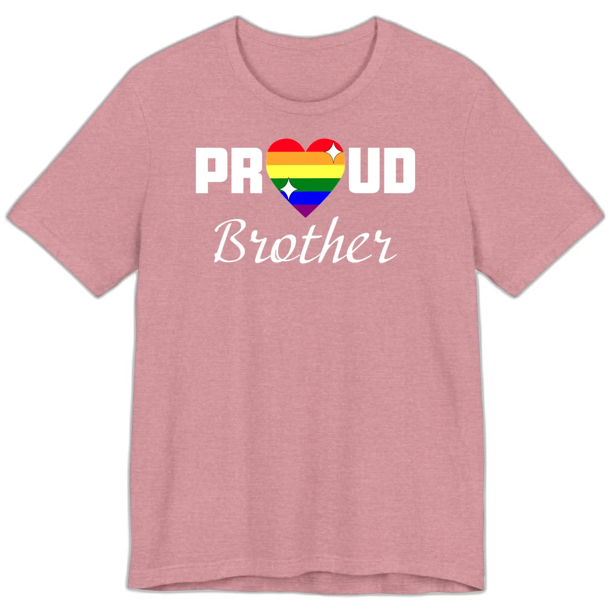 Proud Brother pride design with rainbow heart and white sparkles on gray background in Heather Orchid