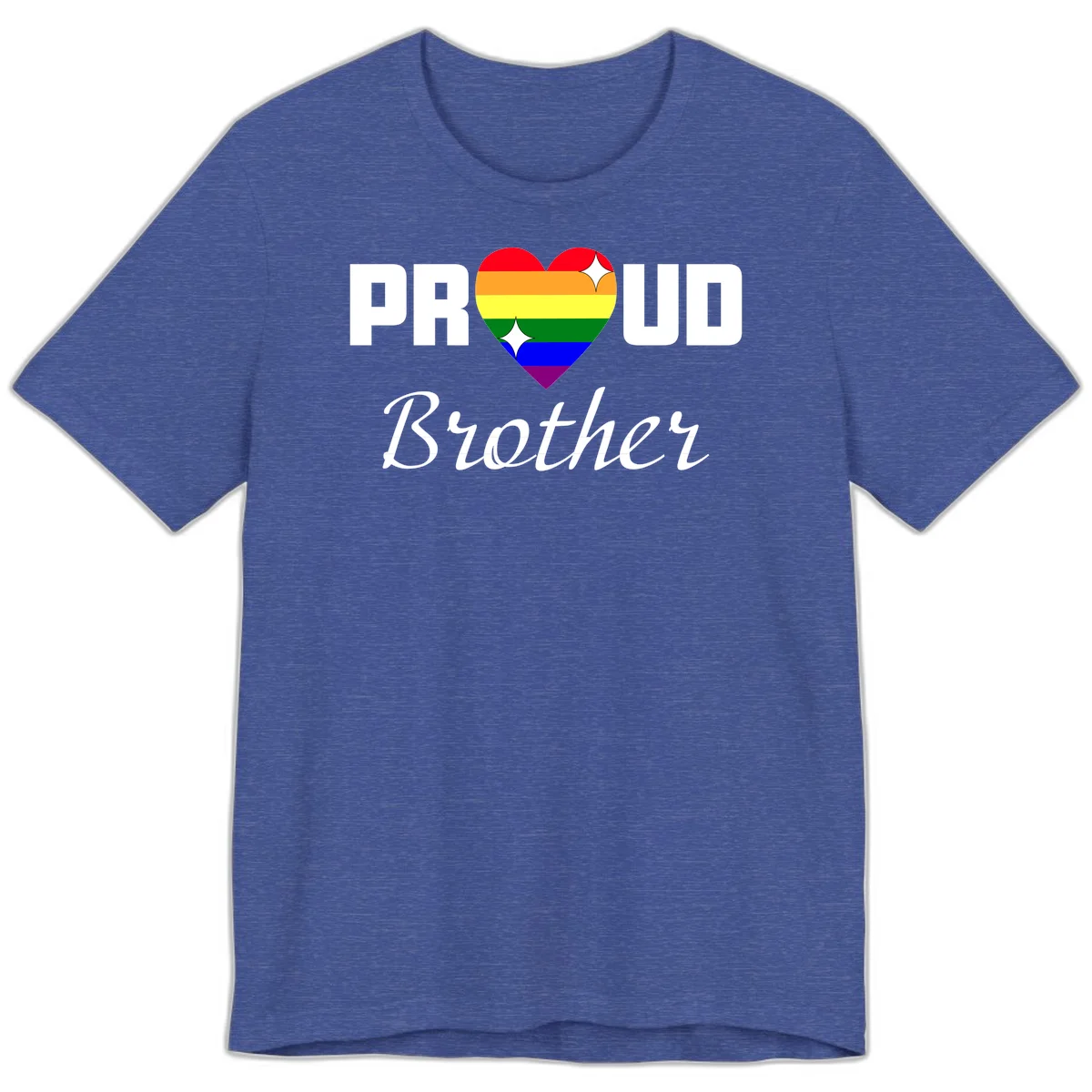 Proud Brother pride design with rainbow heart and white sparkles on gray background in Heather True Royal