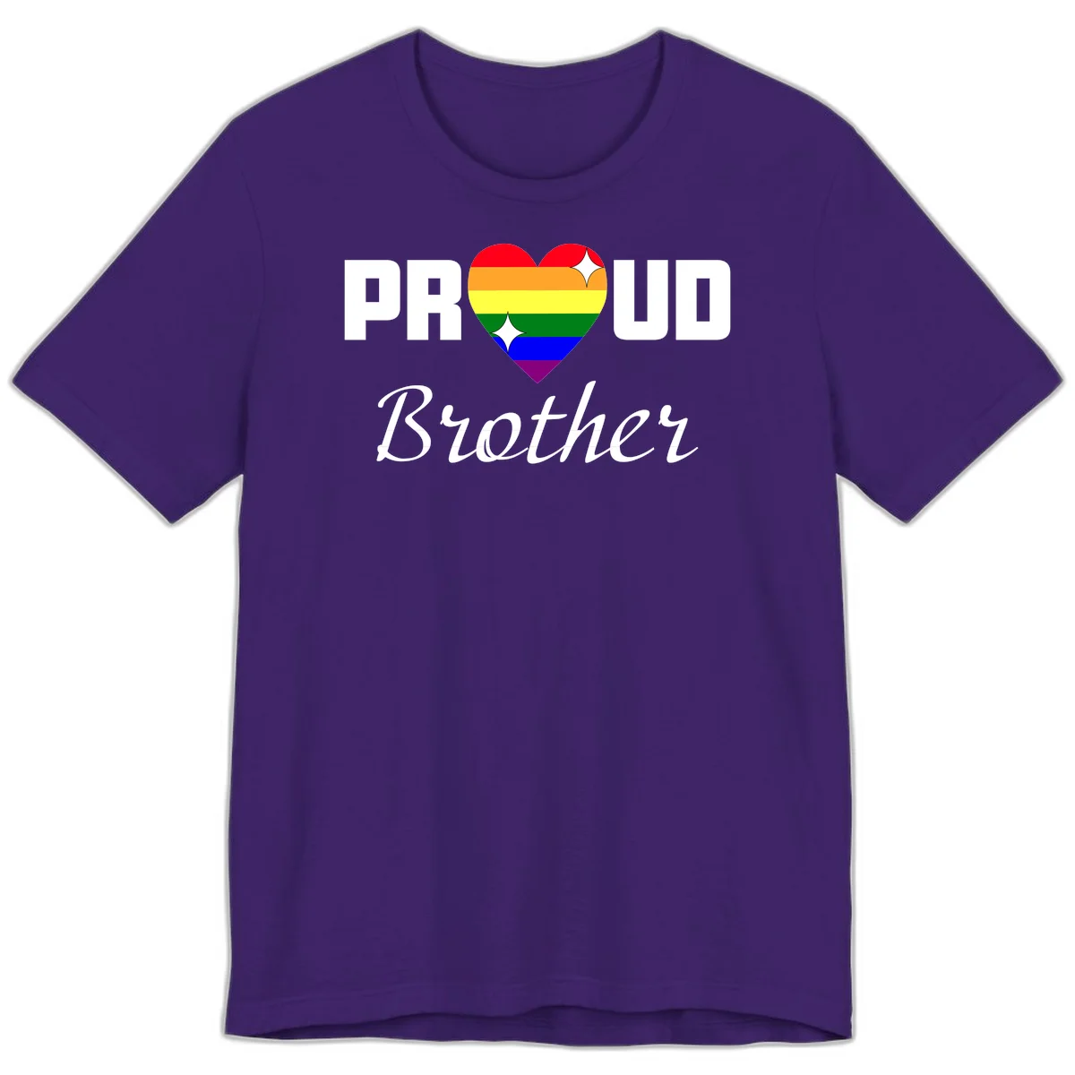 Proud Brother pride design with rainbow heart and white sparkles on gray background in Team Purple