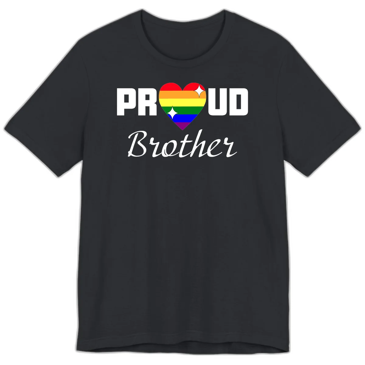 Proud Brother pride design with rainbow heart and white sparkles on gray background in Vintage Black