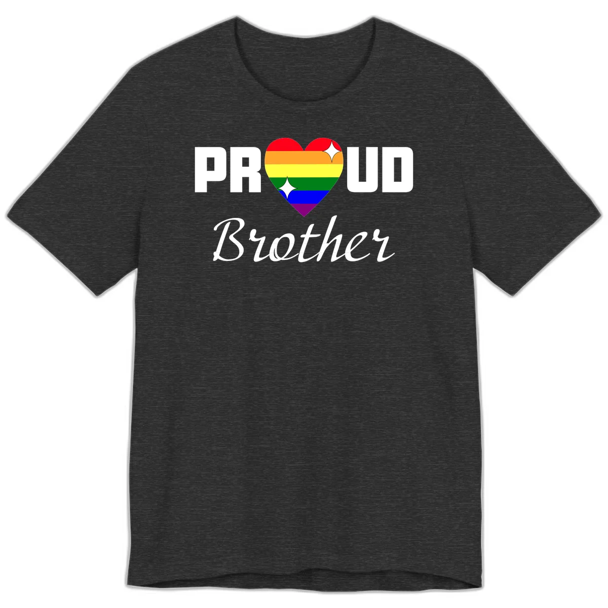 Proud Brother pride design with rainbow heart and white sparkles on gray background in Dark Grey Heather