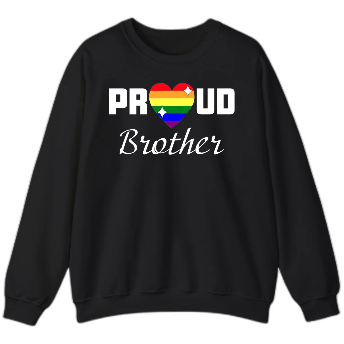 Proud Brother pride design with rainbow heart and white sparkles on gray background in Black