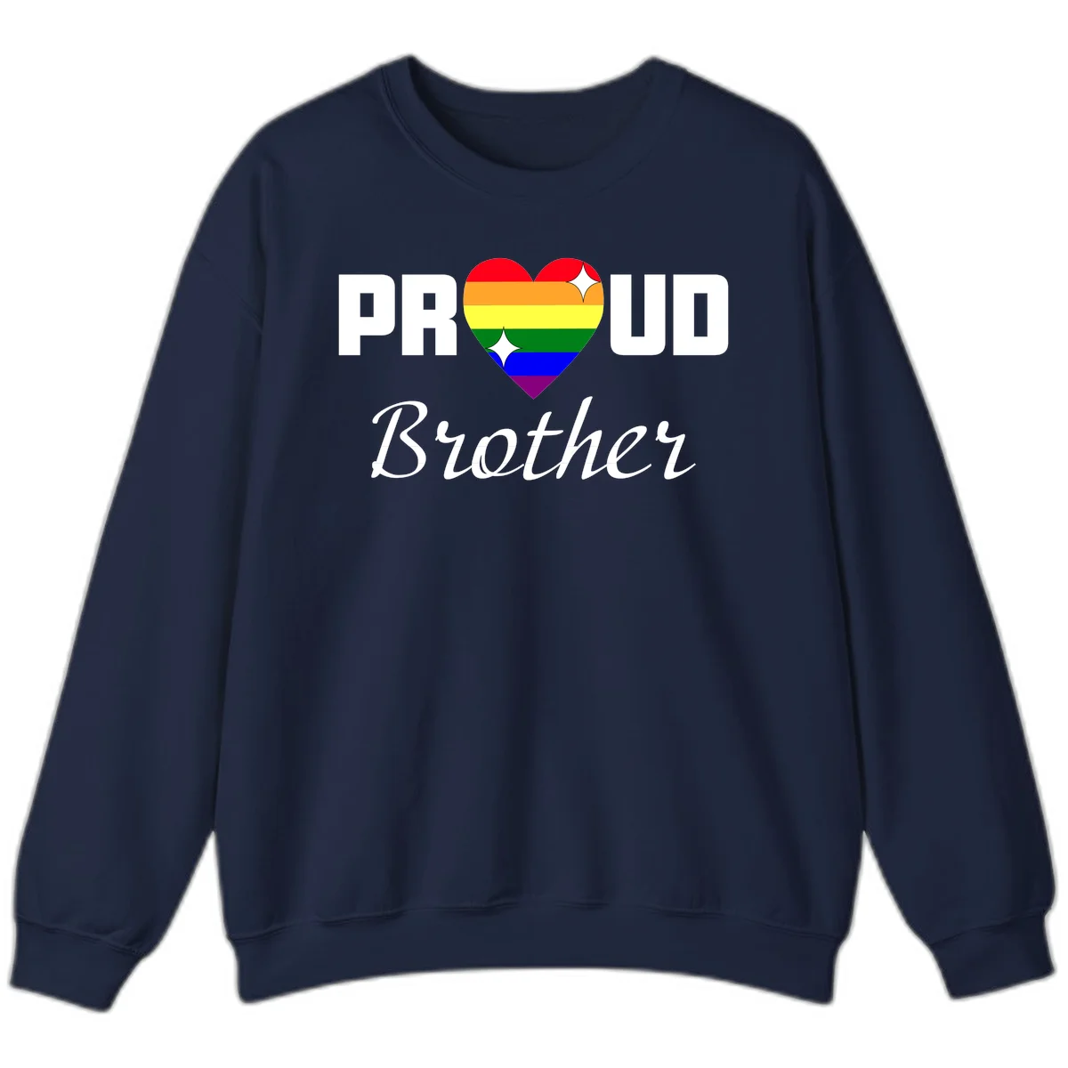 Proud Brother pride design with rainbow heart and white sparkles on gray background in Navy
