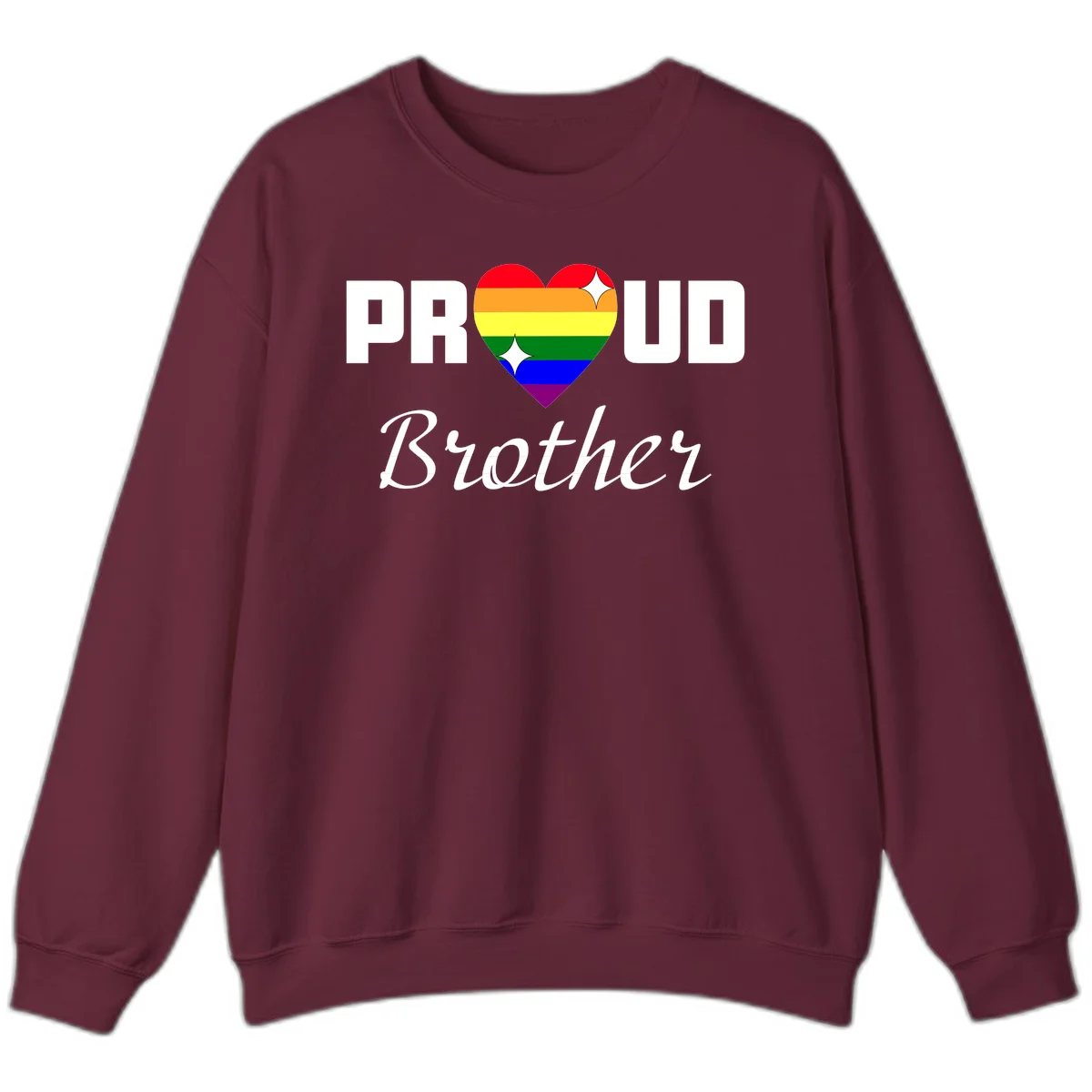 Proud Brother pride design with rainbow heart and white sparkles on gray background in Maroon