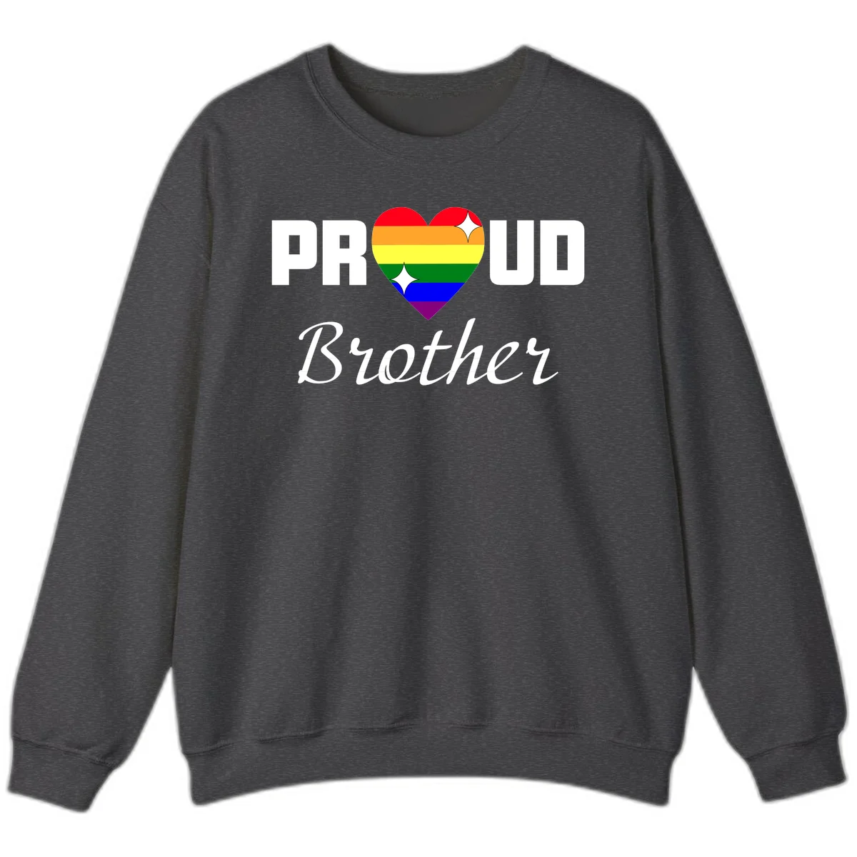Proud Brother pride design with rainbow heart and white sparkles on gray background in Dark Heather