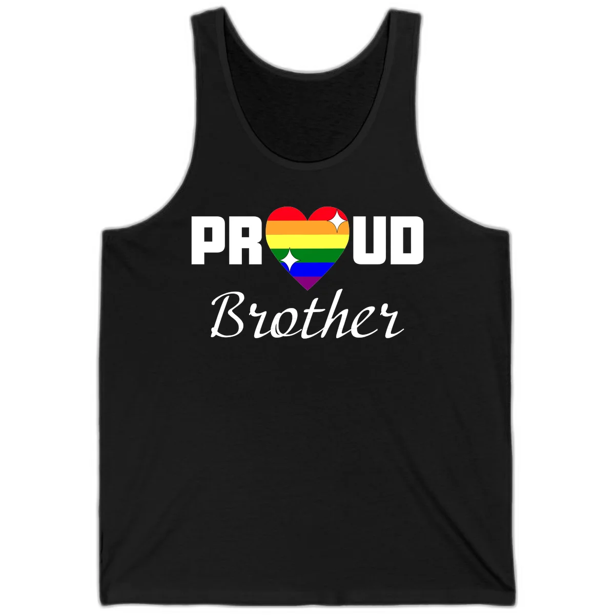Proud Brother pride design with rainbow heart and white sparkles on gray background in Black