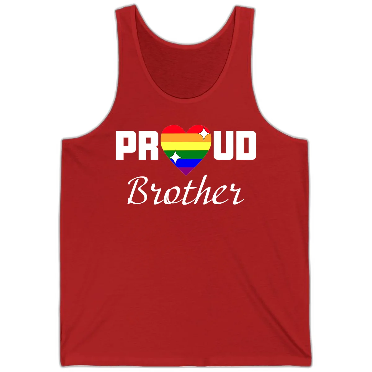 Proud Brother pride design with rainbow heart and white sparkles on gray background in Red