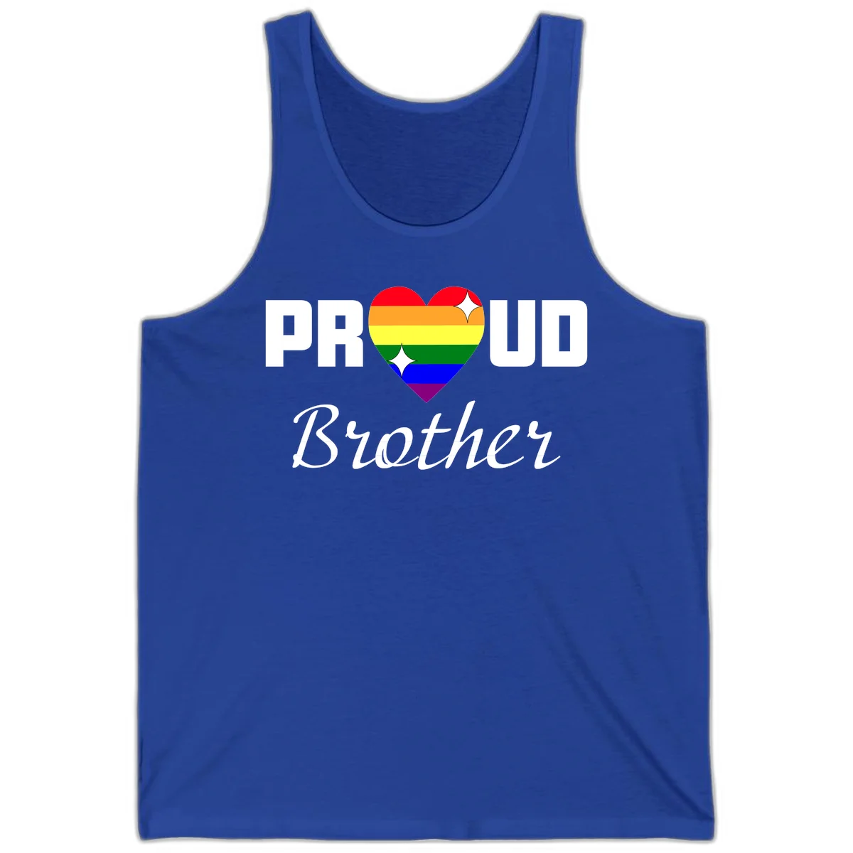 Proud Brother pride design with rainbow heart and white sparkles on gray background in True Royal