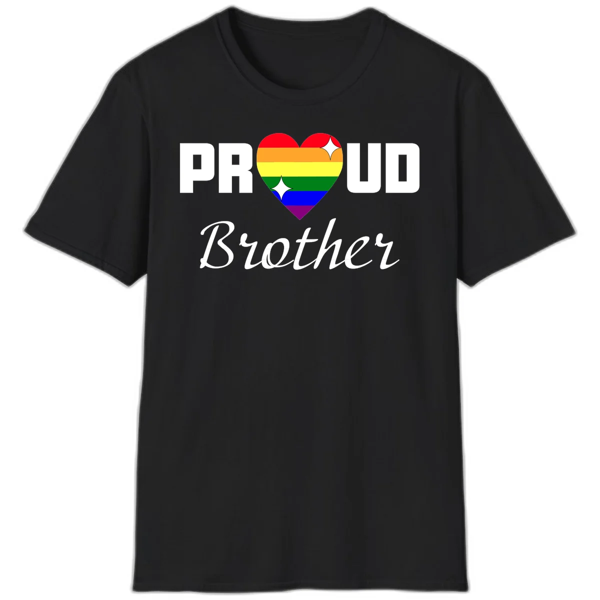 Proud Brother pride design with rainbow heart and white sparkles on gray background in Black
