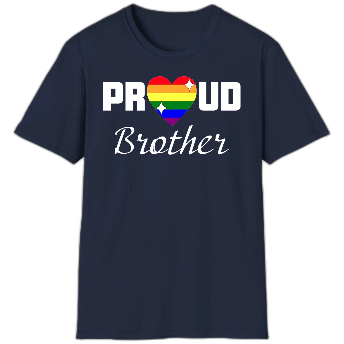Proud Brother pride design with rainbow heart and white sparkles on gray background in Navy