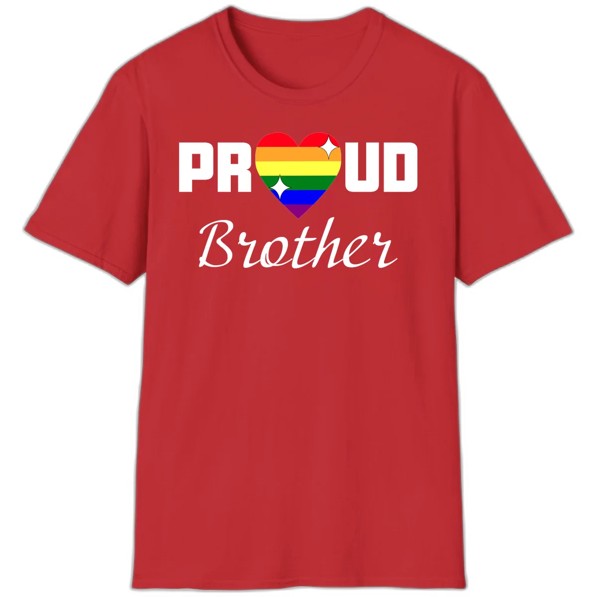Proud Brother pride design with rainbow heart and white sparkles on gray background in Red