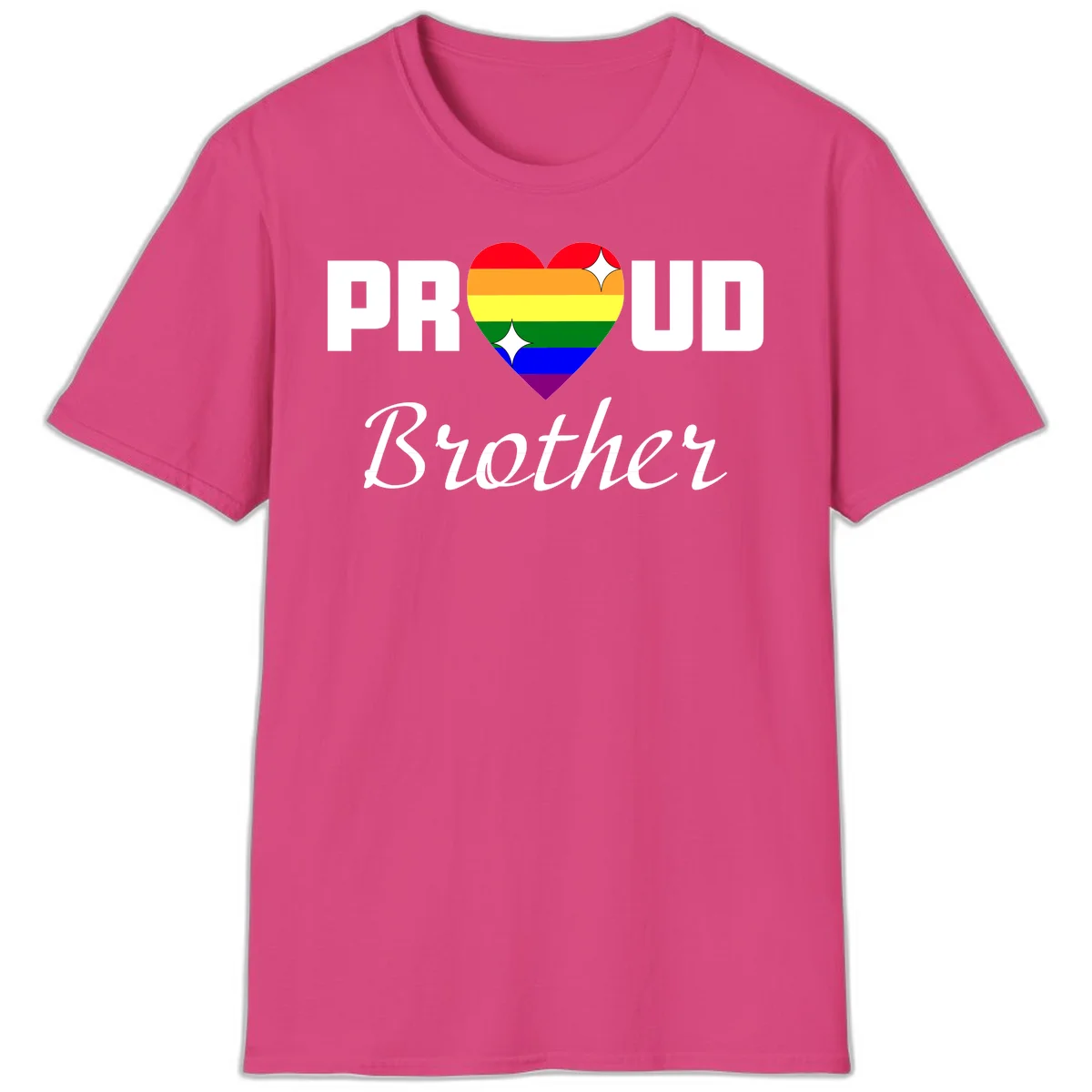 Proud Brother pride design with rainbow heart and white sparkles on gray background in Heliconia
