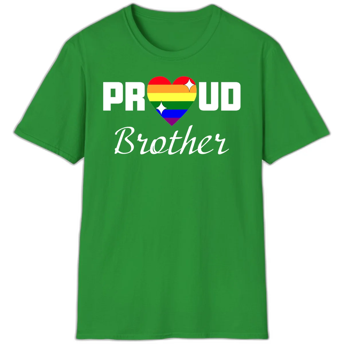 Proud Brother pride design with rainbow heart and white sparkles on gray background in Irish Green
