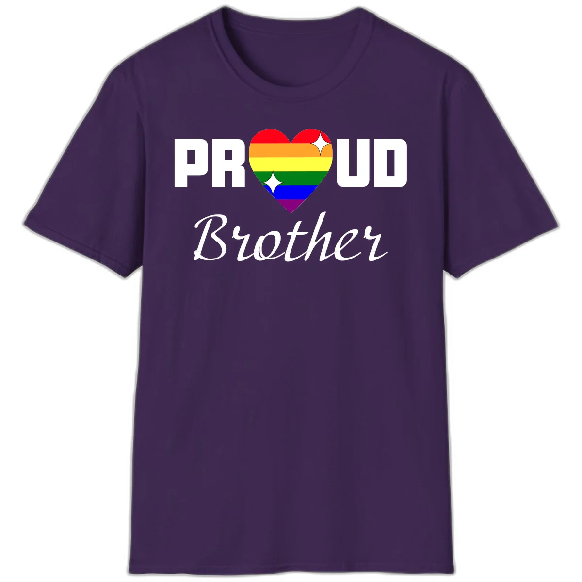 Proud Brother pride design with rainbow heart and white sparkles on gray background in Purple