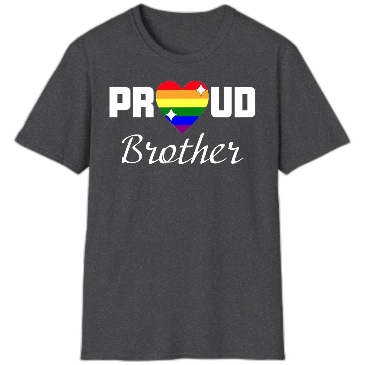 Proud Brother pride design with rainbow heart and white sparkles on gray background in Dark Heather