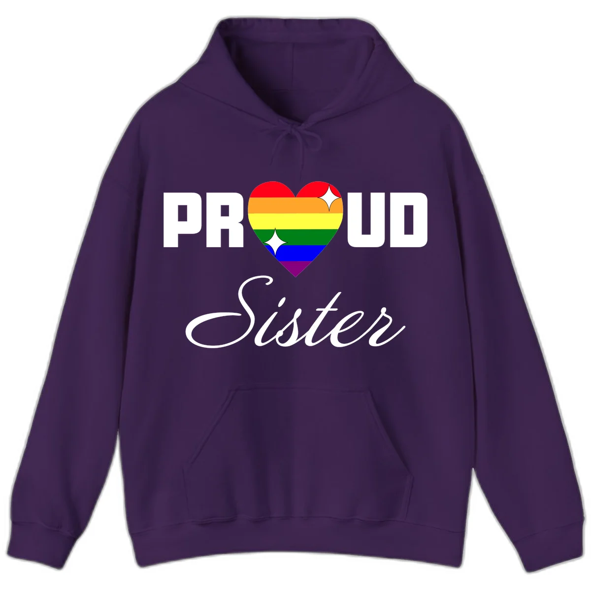 Proud Sister rainbow heart design with bold white text and six-color pride flag striped heart symbol in Purple