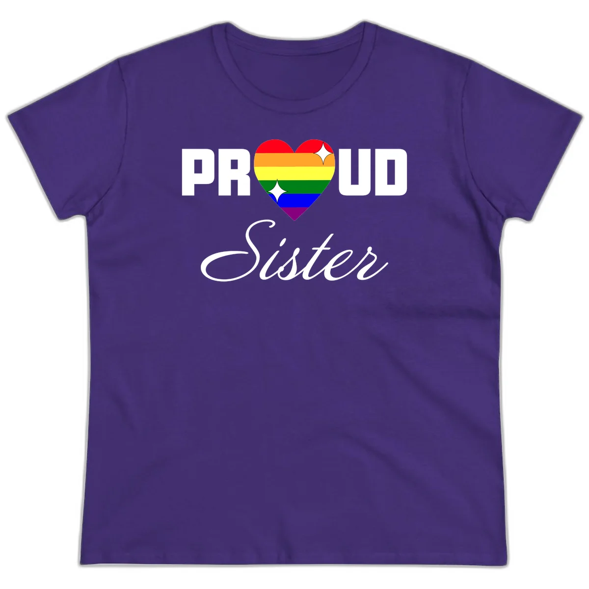 Proud Sister rainbow heart design with bold white text and six-color pride flag striped heart symbol in Purple