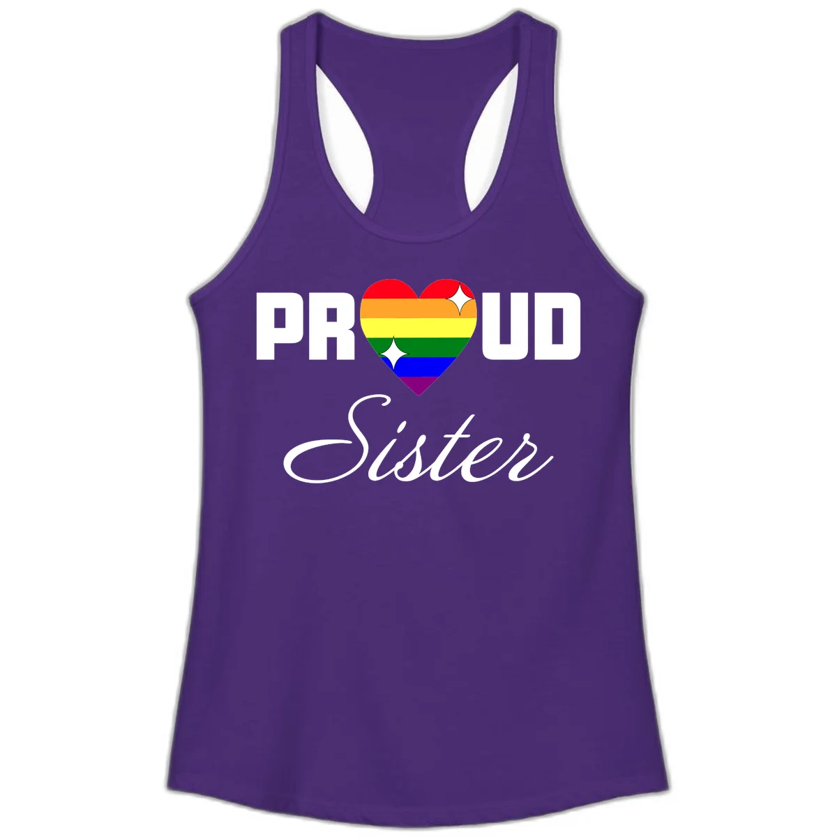Proud Sister rainbow heart design with bold white text and six-color pride flag striped heart symbol in Solid Purple Rush