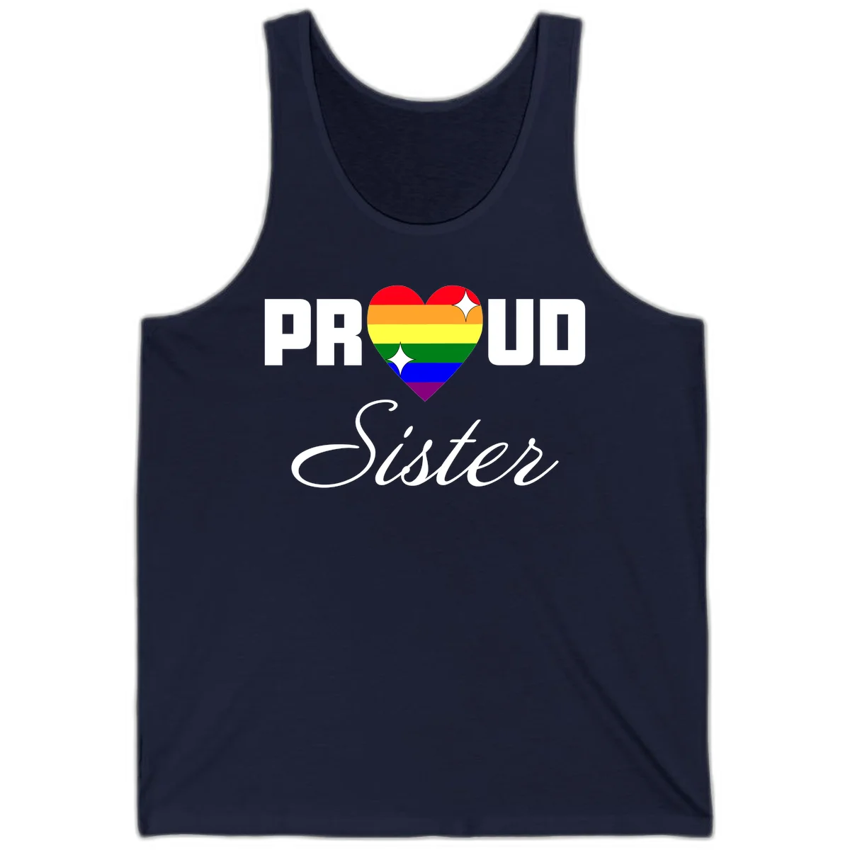 Proud Sister rainbow heart design with bold white text and six-color pride flag striped heart symbol in Navy